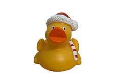 Yellow Rubber Duck with Santa hat and a striped scarf - Collectible Bath Toy