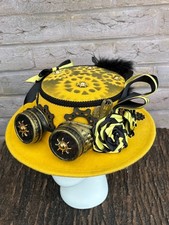 Unique Yellow Steampunk Top Boater Hat Roses feathers Goggles 57cm (35)