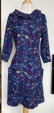 EWM Isle Collection Purple Leaf Jersey Dress, Size 12 3/4 Sleeve Stretch Pockets