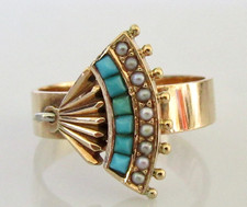 15ct Gold Ring - Antique 15ct Gold Turquoise Seed Pearl Dress Ring Size M 1/2