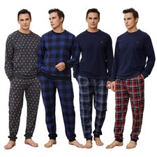 Mens Fleece Pyjama Set with Long Sleeve T-Shirt & Bottom Pants Sleepwear S-XL