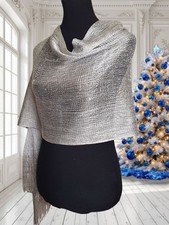 Silver Mesh Lamé Shawl Scarf Cape Fringed Sparkly Glitter Cover Up ONE Size