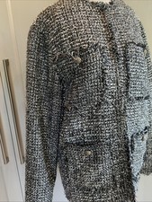 H&M Women's Blazer Jacket Silver/Black Tweed/frayed Trim 4 Pockets Size S BNWT