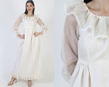 Vtg 70s Cream Swiss Dot Dress