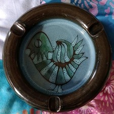 Studio Pottery Ceramic Ashtray With Styalised Bird , Circular,VGC 4cm Tall