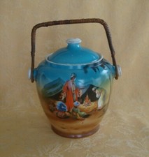 NEW HALL POTTERY N.H.P ENGLAND BISCUIT BARREL W/ HANDLE ~ INDIAN SCENE 1920s-30s