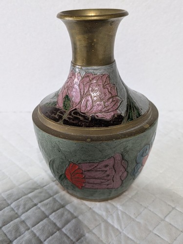 Vintage enamelled brass vase - vintage,