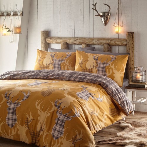 Tartan stag ochre duvet cover - tartan,