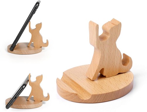 Wooden cell phone stand cat - cell,