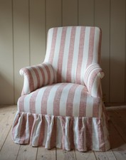 Antique Frilly Chair Victorian Style with A Linen Stripe Fabric Seat