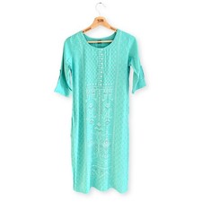 Ladies Turquoise White 3/4 Sleeved Asian Kurti Tunic Dress Size 8-10