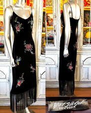 Vintage Betsey Johnson NY 90s Midi Slip Dress Black Velvet Floral Fringe Size M