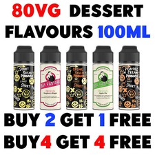 E-Liquid 100ml Vape Juice / Premium Dessert Flavours / 80 VG / No Nicotine 0mg