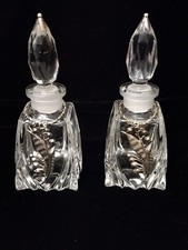 Vintage Glass Perfume Bottles Early 20th Century with metal flowers dec set of 2