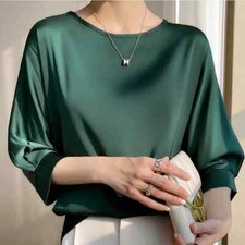 Women's Satin Silk Blouse Top Half Sleeve Loose Fit O-Neck Summer Tee M-XXL