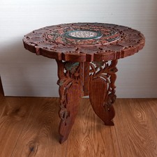 VTG Asian Hand Carved Wooden Inlay Plant Stand/Folding Side Table/Upcycled/ 40cm