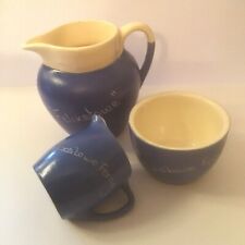 Three Pieces 1950s Blue Devon Ware Devonmoor, 'Felixstowe' Jug, Sugar & Creamer