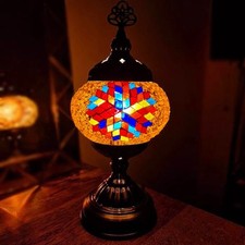Turkish Moroccan Bronze Table Lamp Colorful Mosaic Glass Desk Light + Free Bulb