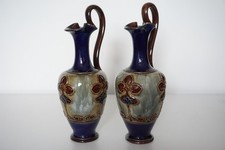 Striking Pair Antique Royal Doulton Lambeth Art Nouveau Stoneware Ewers - c.1905