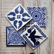Handmade Mexican Tile Coaster Set Blues