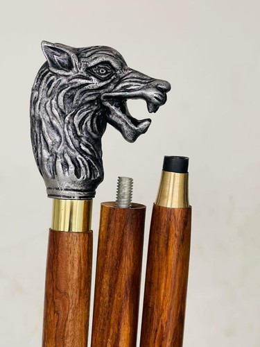 Wolf head walking cane wooden - wolf,