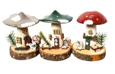 3 Christmas Fairy House Mushroom Toadstool Decoration Ornament Handmade Wood Red