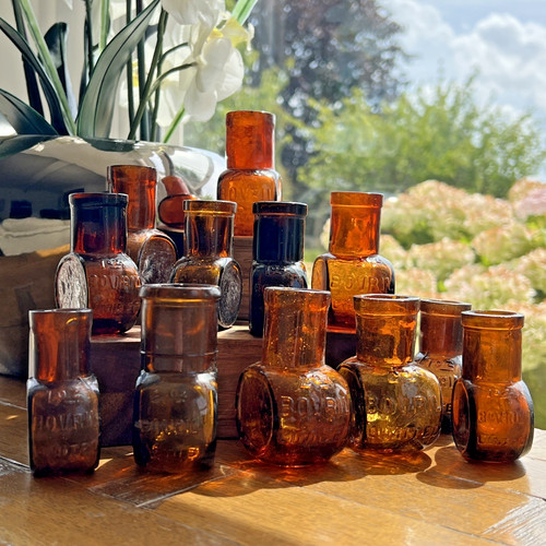 Amber bovril glass jars - 12,
