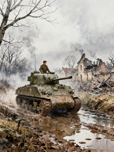 British sherman tank outside - british,