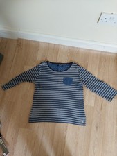 Maine Stripy Blue 3/4 Sleeves Ladies Top With Pocket And Arm Patches, Size 14