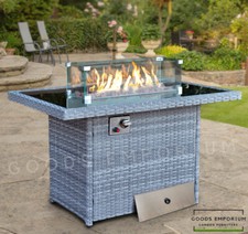 Rattan Gas Fire Pit Table + Lave Stones, Windshield, Removeable lid & Rain Cover