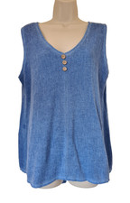 Italian Washed Linen Top Lagenlook blue V Neck sleeveless One Size UK  10-14 New