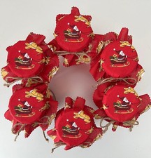 6 Christmas red Santa sleigh jam jar covers/jar toppers with labels bands & ties