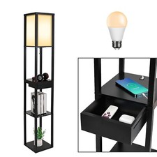 Wood Floor Lamp Modern Standing Light with Shelves 2 USB Charging Ports 1 Drawer