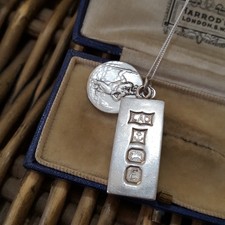 Vintage 925 Sterling Silver Necklace, Ingot And St Christopher Pendant, 1979