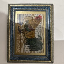 Vintage Needlepoint Tapestry- Cockerel In A Hen Coop Framed Marbled Blue & Gold