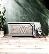 Upcycled vintage oak blanket box in beige/taupe