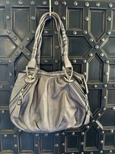 B. Makowsky Silver Tan Leather Satchel Shoulder Bag Large Handbag Purse Metallic