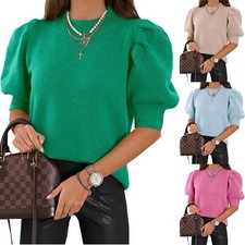 women's puff sleeve jumper knitted top short sleeve crew neck elegant sweater