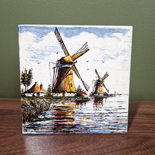 Delft Blue Painted Tile Windmill Holland Scene 1970s Vintage Collectable