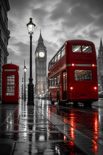 London red bus rain scene - london,