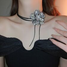 Choker Necklace Crystal Flower Silver Rhinestone Diamante Shine Black Sparkly