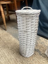 Round White Painted Wicker Basket & Lid Toilet Brush Holder 17cm dia x 41cm high