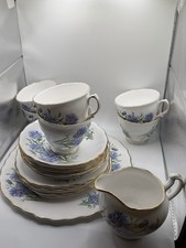 Royal Vale Bone China Cornflowers Tea Set 6x Trios, Milk Jug + Large Plate