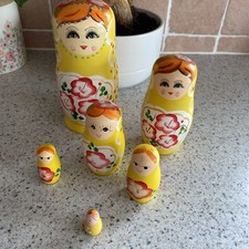 Hand Painted Vintage Russian Stacking Dolls  set of 6 yellow floral 