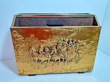 Vintage Brass Magazine Rack Wooden Frame Newspaper Horse Carriage Solid Heavy