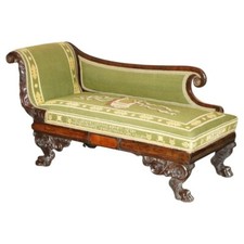 ANTIQUE REGENCY EMBROIDERED MAHOGANY HAND CARVED LION'S HAIRY PAW CHAISE LOUNGE