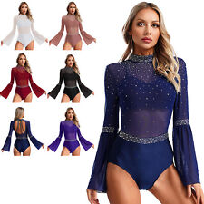 UK Women's Dance Leotard Sparkly Bodysuit Dancing Jumpsuit Rhinestones Dancewear