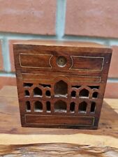 Vintage Indian Hand Carved Wooden Box Incense Inlaid Brass, & Joss Stick Holder