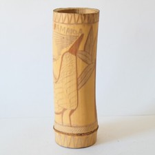 Vintage JAMAICA BAMBOO Artist Brush Pot - Carved Decoration Bird Palm Tree