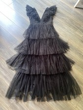 Prom Dress gown Tiered Ruffle Net Tule V Neck black Special evening XL  14 16
